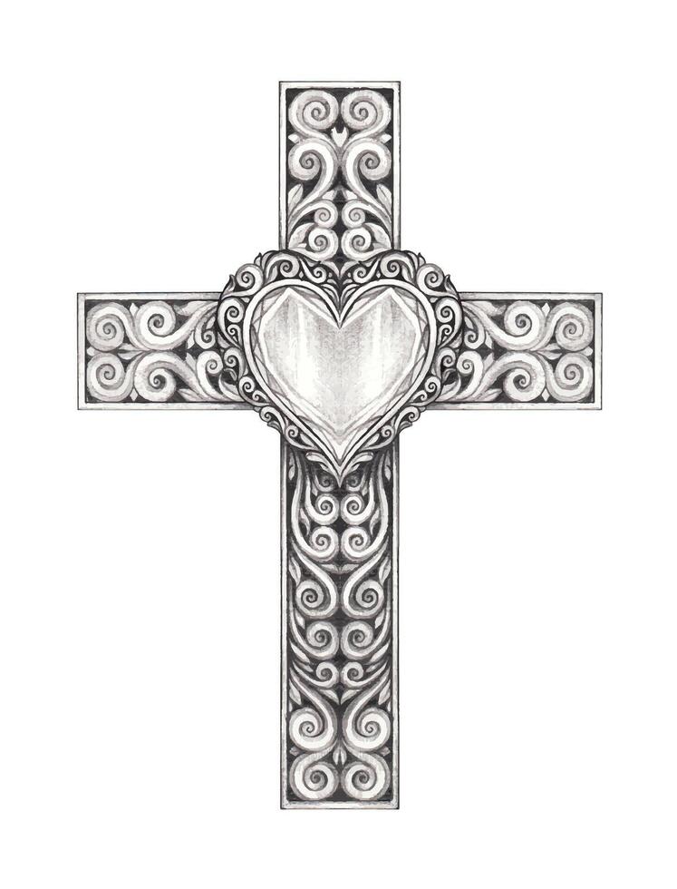 Scrollwork Vintage Heart Cross. hand drawing and amke graphic . vector