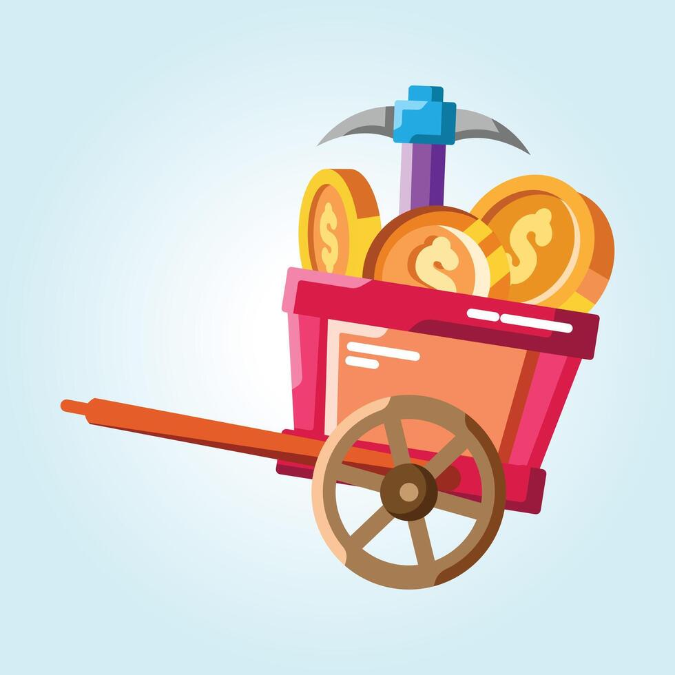 Mining Fortune A Colorful Illustration of a Mine Cart Filled with Gold Coins and a Pickaxe vector