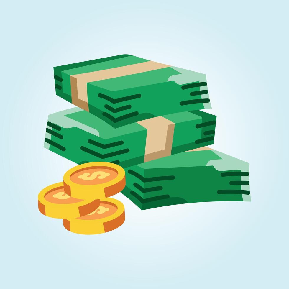 Stack of Cash and Coins Illustration A vibrant depiction of wealth and prosperity, showcasing stacks of money and golden coins. vector