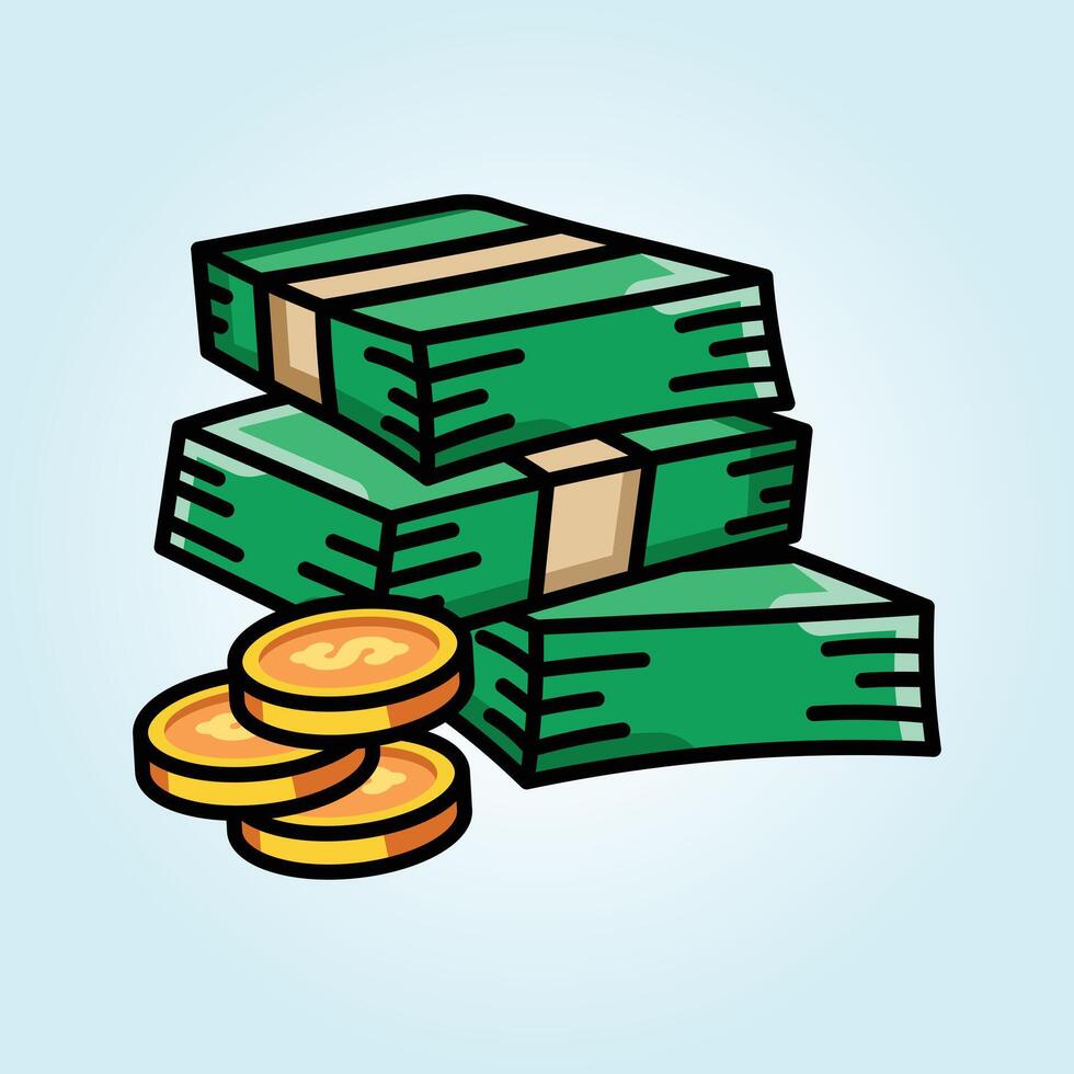 Stacks of Cash and Coins A Cartoon Illustration of Wealth and Prosperity vector