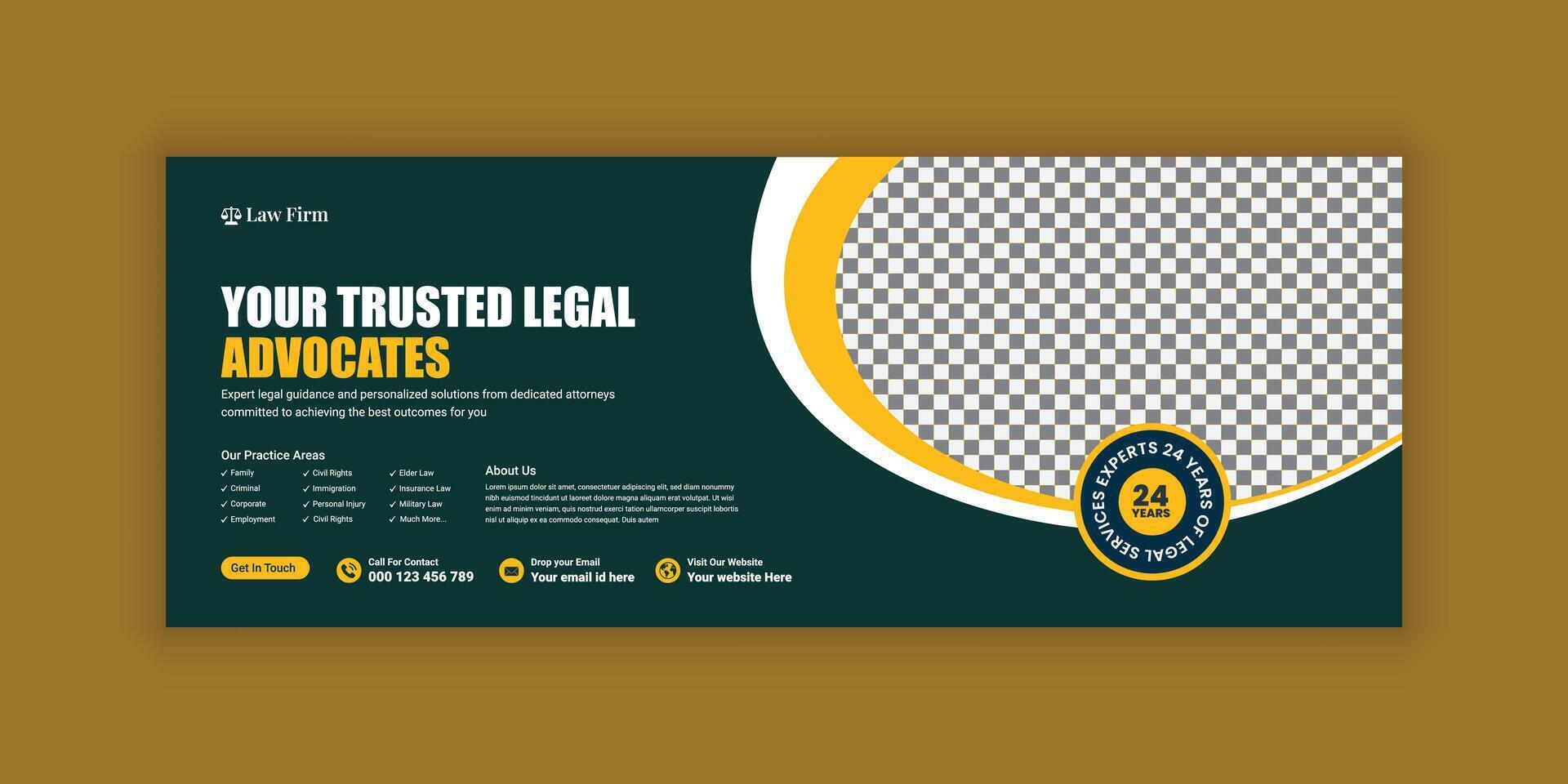 Law Firm Services Social Media Banner Design or Law Consulting Facebook Cover Design Template and Flat Law Firm Advertising Web Banner Layout vector