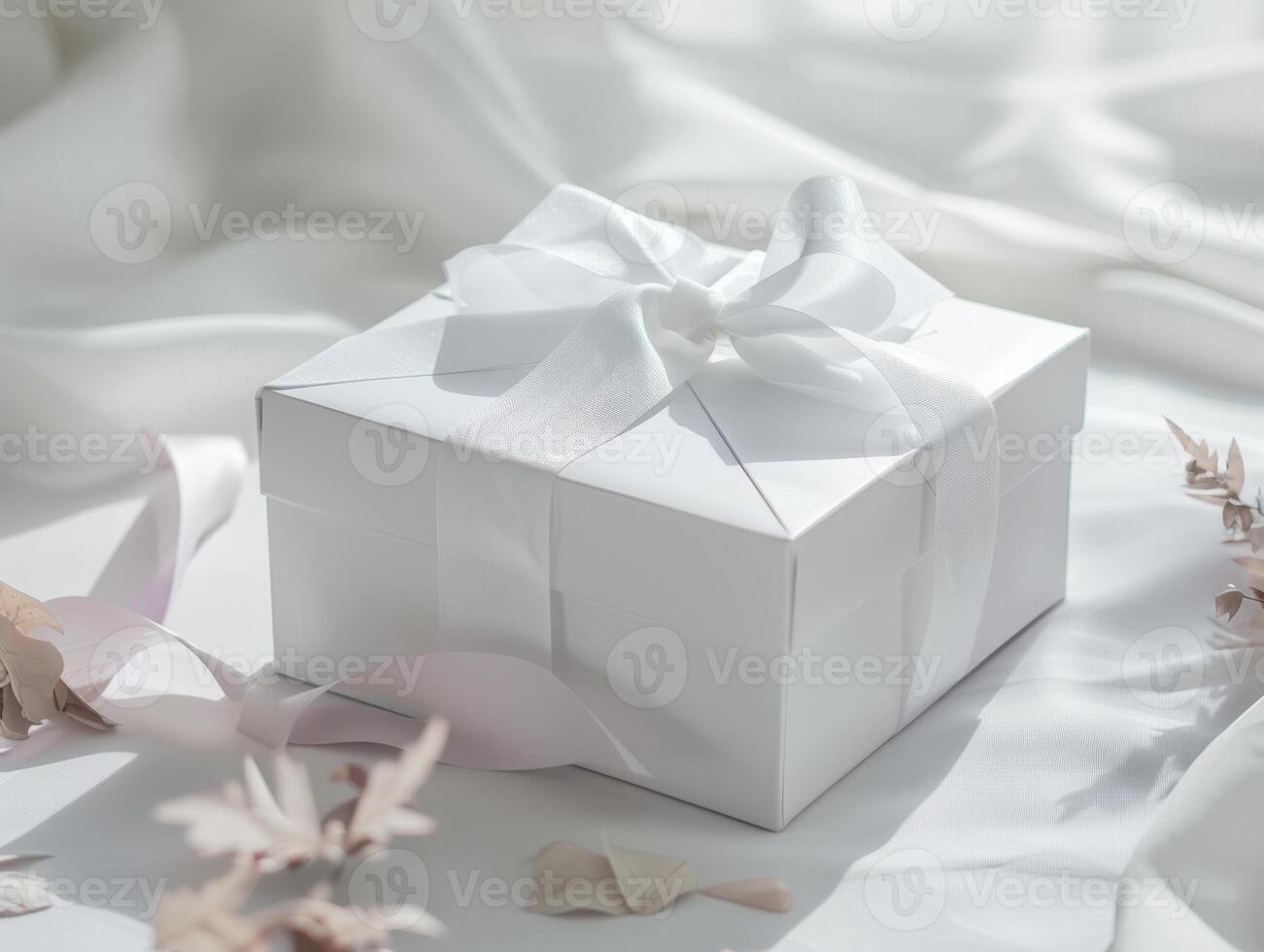 White gift box with an elegant ribbon bow, placed on soft fabric with delicate decorative elements. Perfect for holiday mockup photo