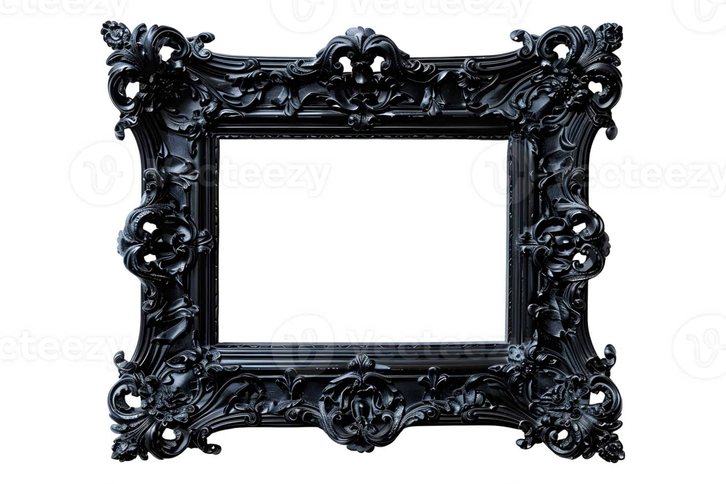 Antique baroque black wooden rectangular picture frame isolated on transparent background. Decorative elegant luxury frame design, rococo style. , cutout. png