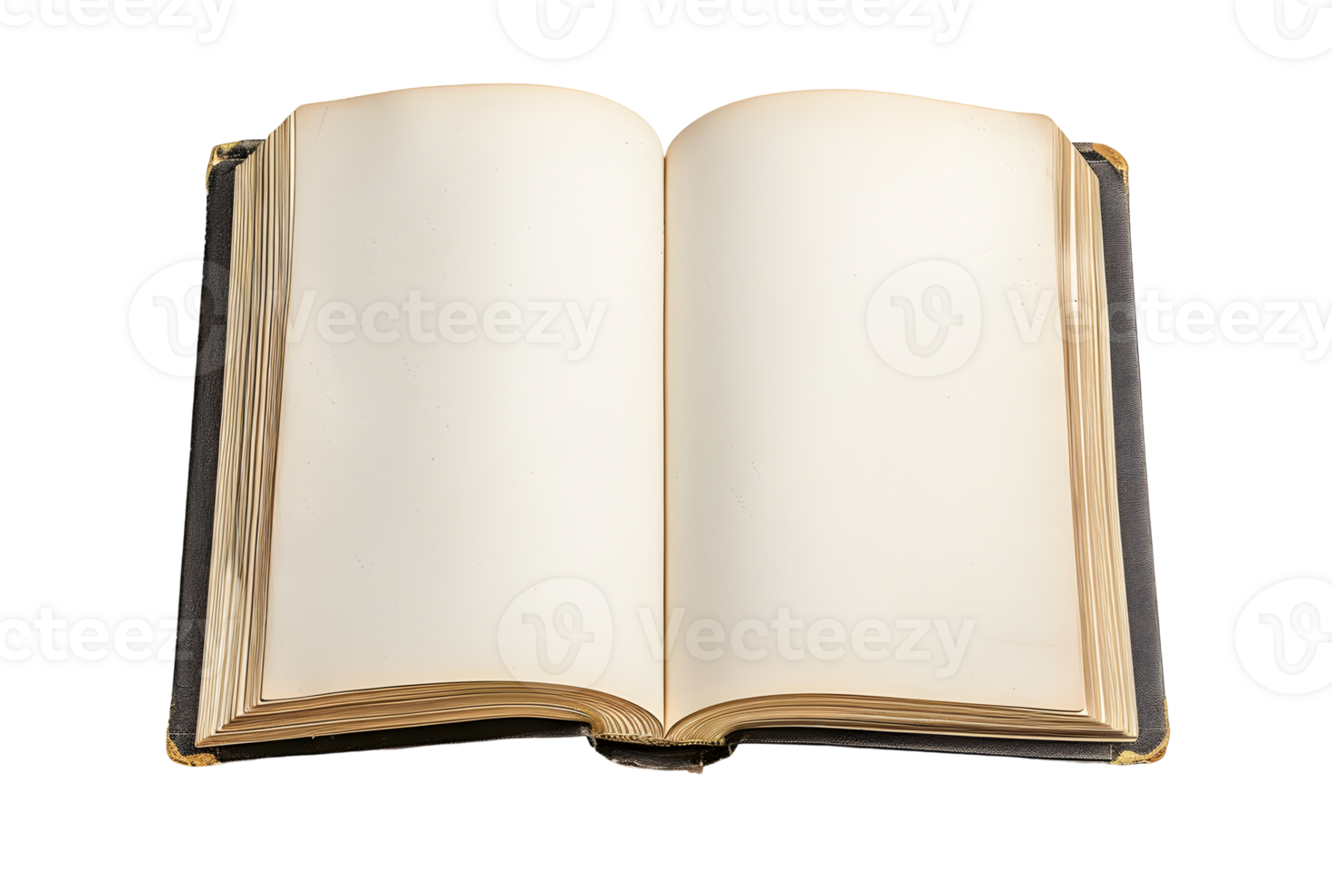 Open old blank book mockup with used paper pages isolated on transparent background. Flat lay , cutout. png