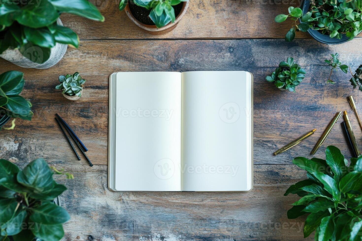 Open blank notebook on rustic wooden table photo