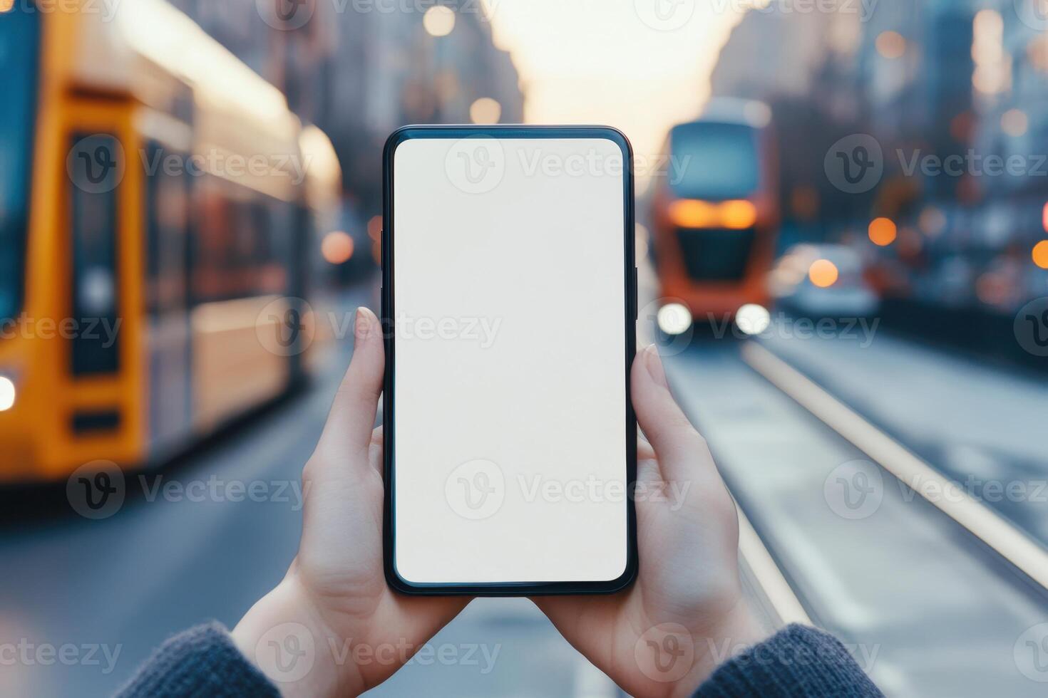 Hands holding a smartphone with blank white screen in an urban environment with blurred city background. Perfect for modern technology mockup photo