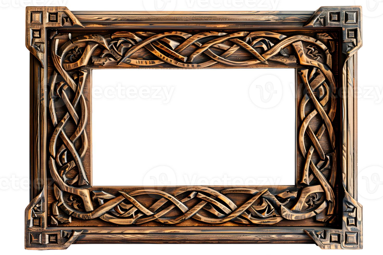 Antique wooden rectangular picture frame isolated on transparent background. Decorative intricate detailed frame design, knot carvings style. , cutout. png