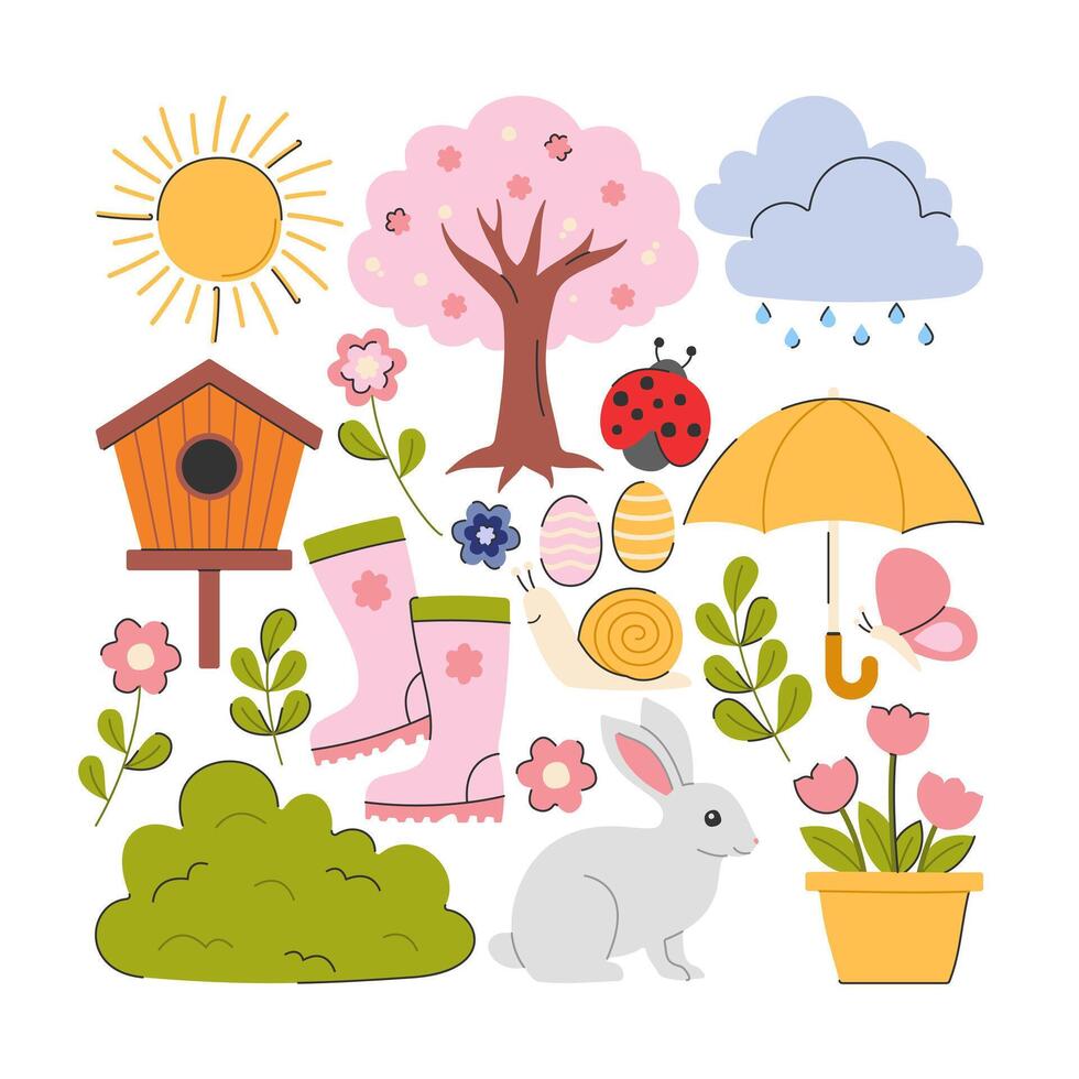 A cheerful flat design illustration of spring season elements featuring flowers, a bunny, a birdhouse, rain clouds, boots, and more. Perfect for seasonal projects, decorations, or design assets. vector