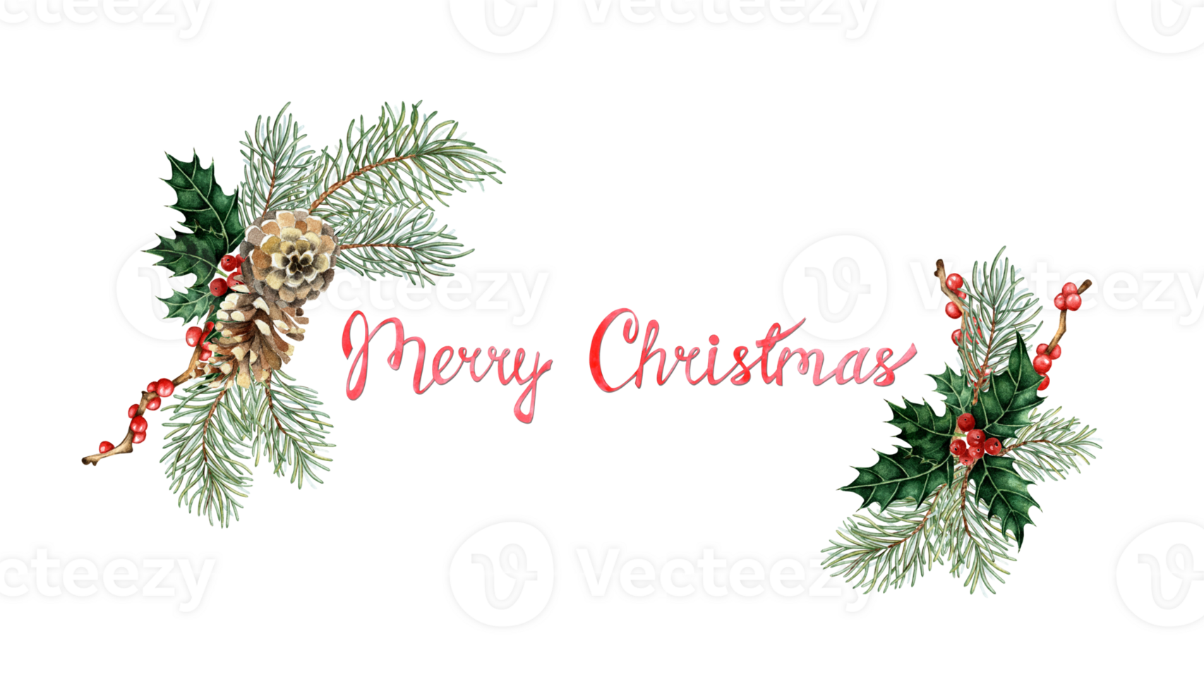 Merry Christmas red lettering with fir branches, pine cones and grass, New Year banner watercolor illustration. Border with winter plants and text isolated from background. Pine, fir, juniper, png