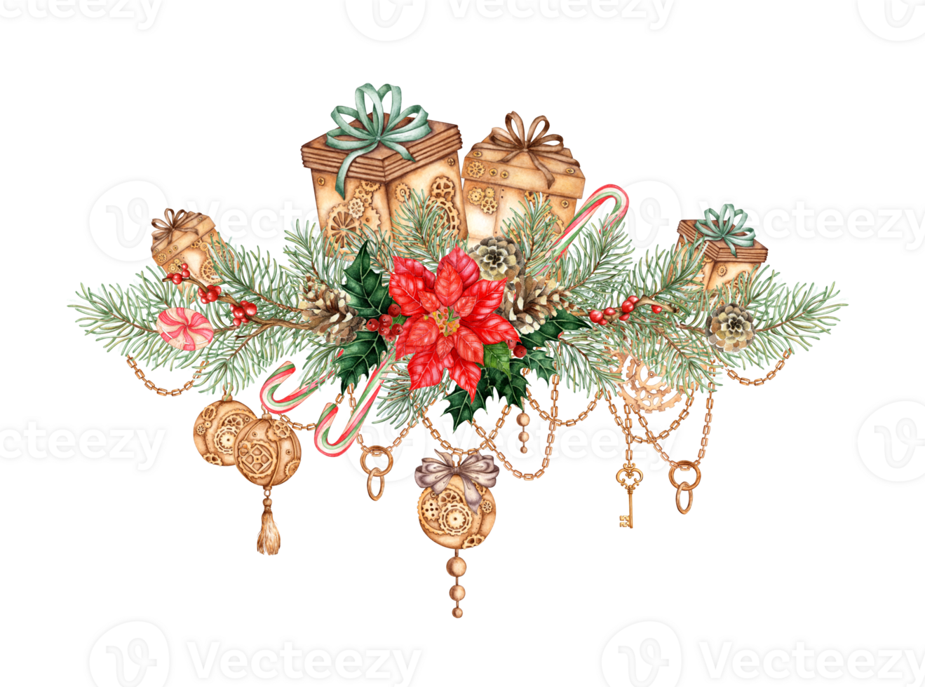 Poinsettia with fir branches, pine cones, red berries, holly, caramel, gifts, balls, chains watercolor illustration. Forest plants for winter Christmas and New Year decoration isolated from background png
