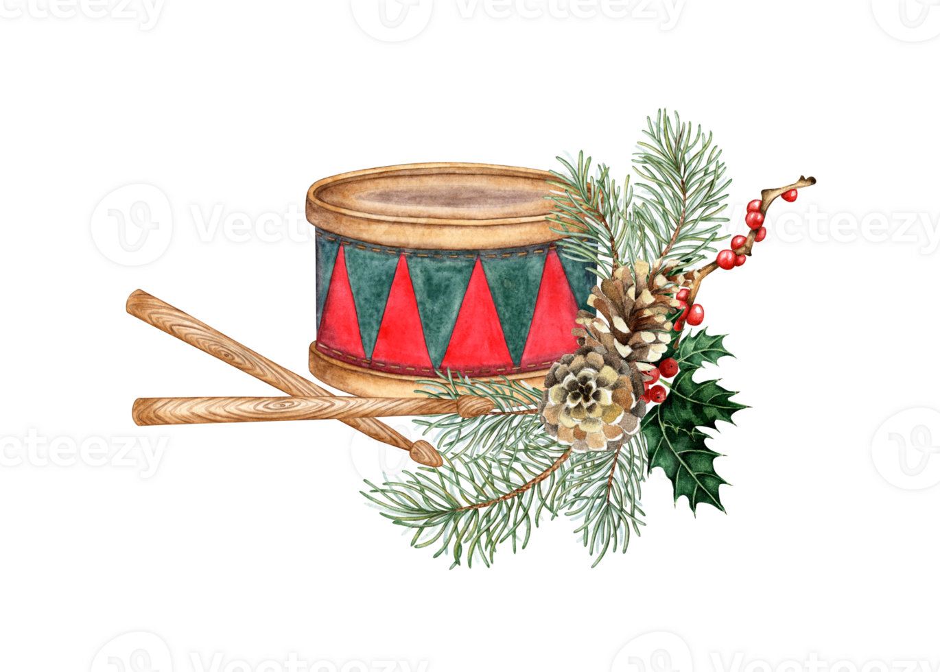 Drum and drumstick with fir branches, holly and berry watercolor illustration. Musical instrument of green and red colors, hobby, learning isolated from background. Christmas and New Year png