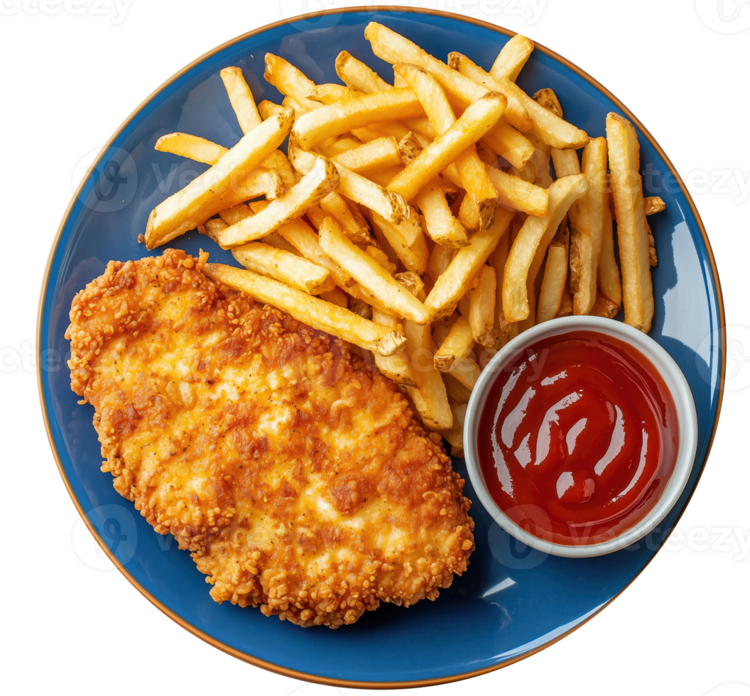 Crispy chicken cutlet with fries and ketchup png
