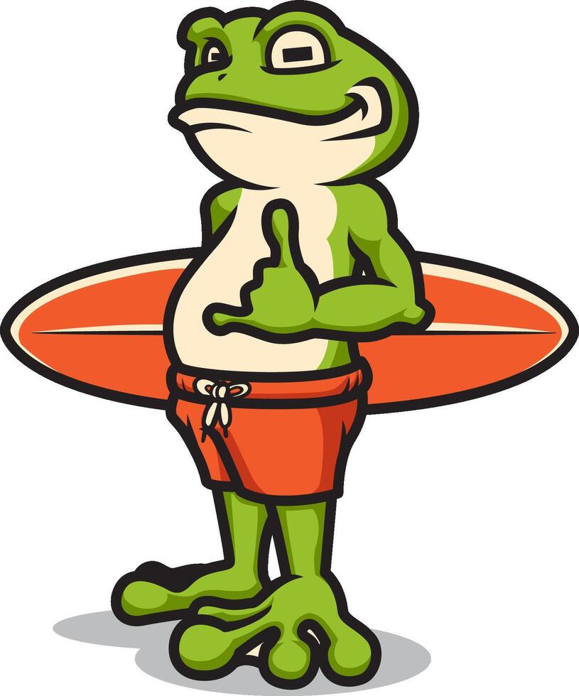 Frog cartoon holding surf board illustration vector