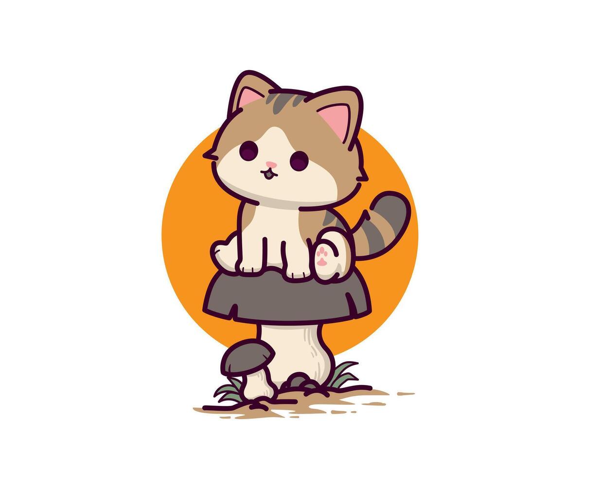 Cute cat sitting on big mushroom vector