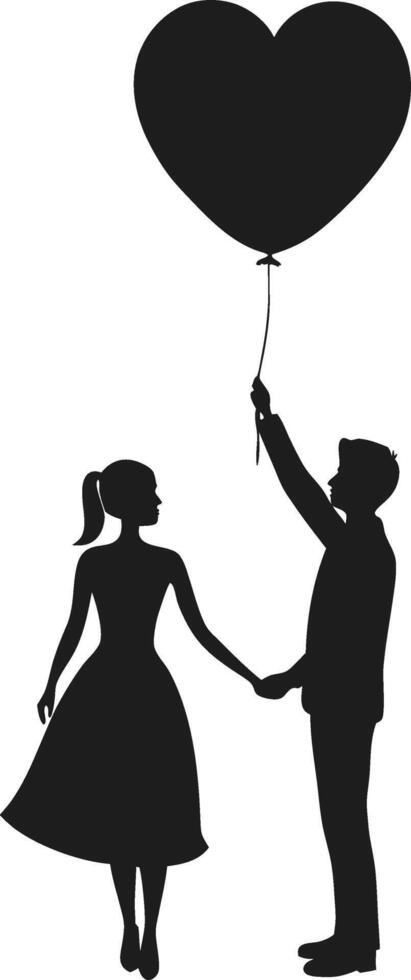 Romantic Couple Silhouette with Heart Balloon Holding Hands vector