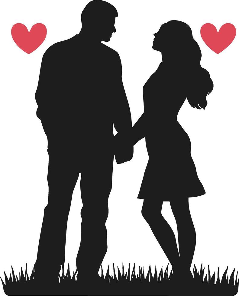 Romantic Couple Silhouette with Two Hearts and Grass Illustration vector