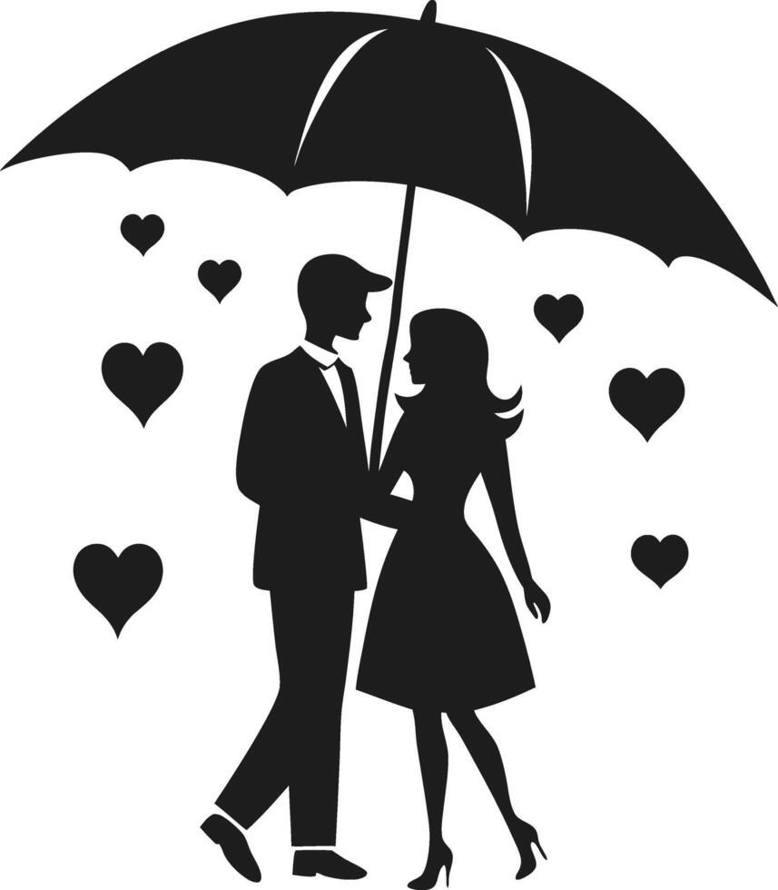 Romantic Couple Under Umbrella Silhouette with Falling Hearts Illustration vector