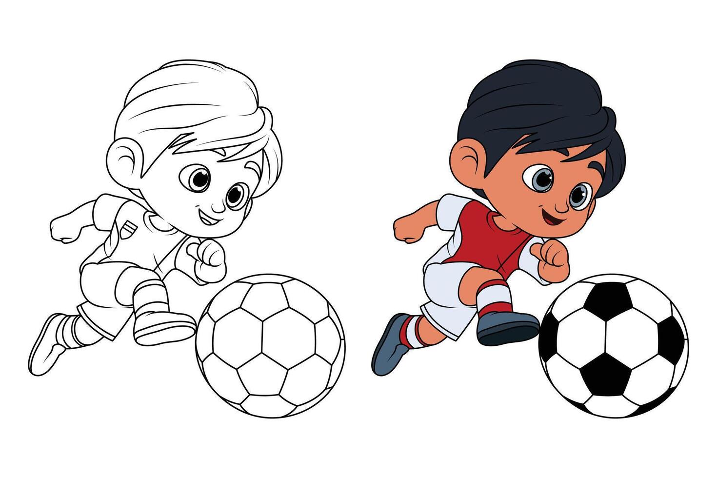 Coloring page outline of cartoon boy with a soccer ball vector