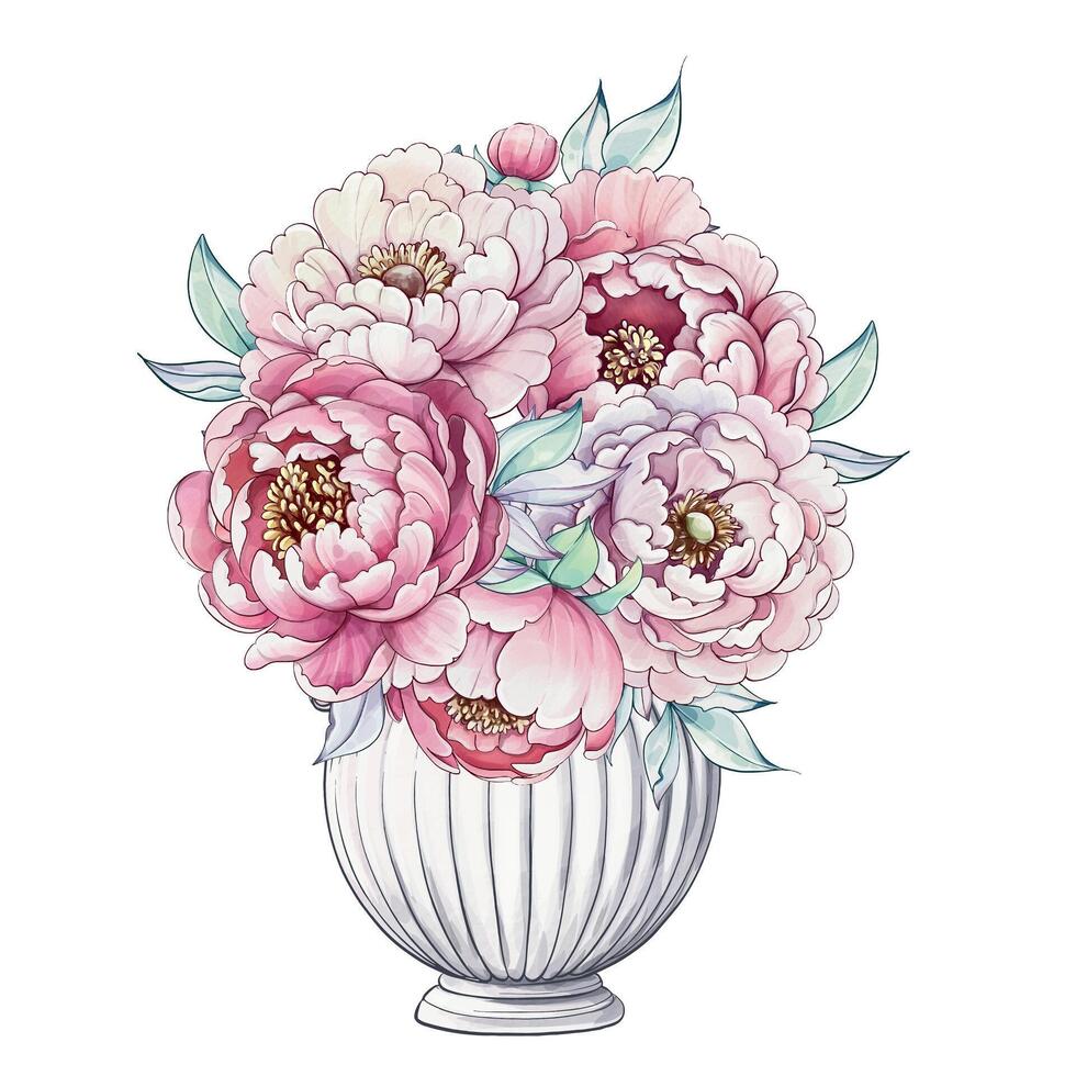 A beautiful arrangement of peonies in shades of pink fills a white vase, radiating elegance and sophistication in a peaceful setting. vector