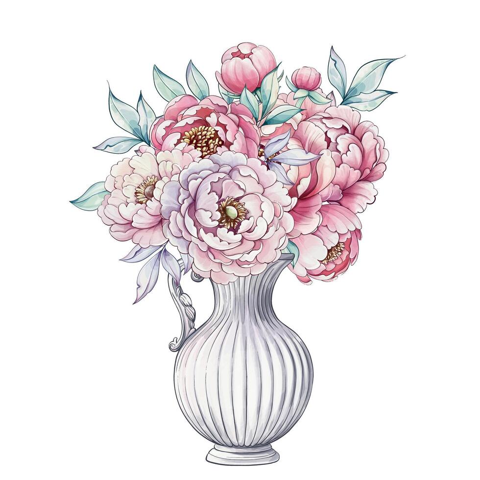 A stunning bouquet of peonies fills a graceful vase, with soft pastels radiating charm and elegance, capturing the essence of floral beauty. vector