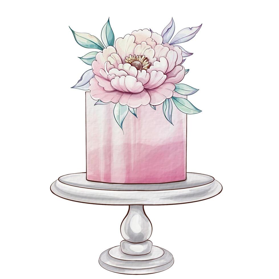Soft hues blend harmoniously as a beautifully crafted cake showcases elegant pink peony flowers on a classic stand, creating a charming centerpiece. vector