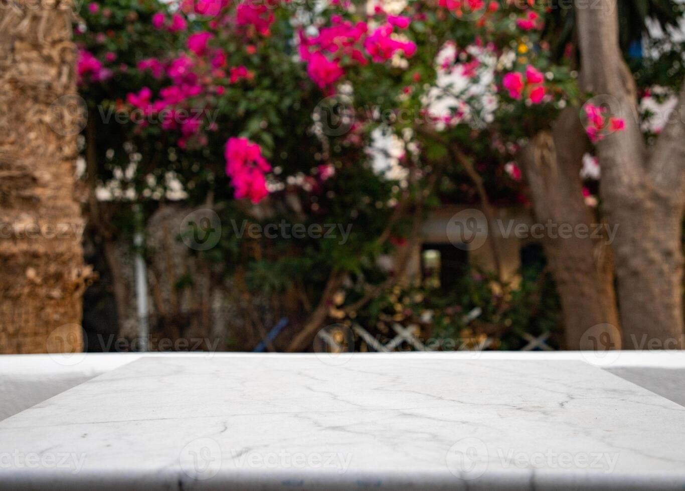 marble tabletop on sunny terrace photo