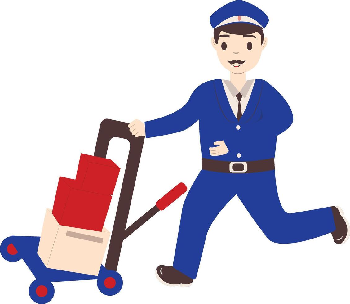 Postman Character Sending Box Using Trolley vector