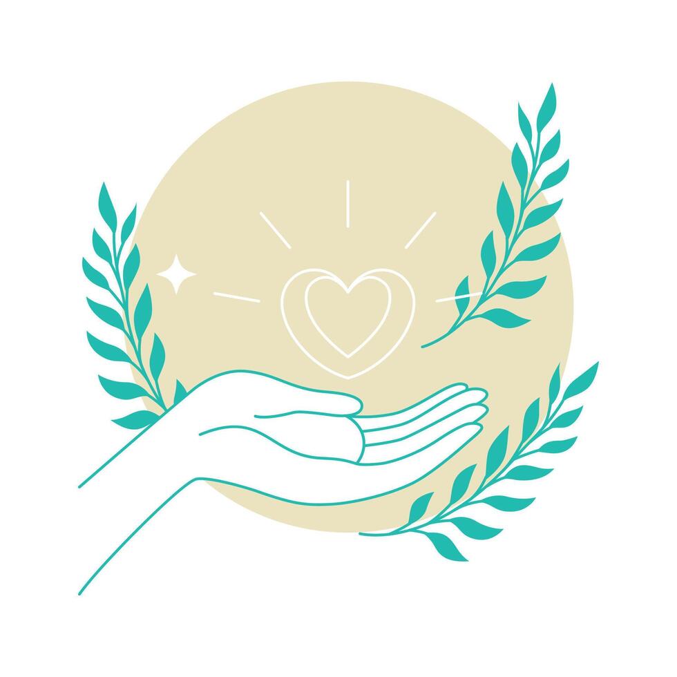 Open Hand with Love Heart and Foliage Floral Decoration as Nature Care Peace Symbol vector