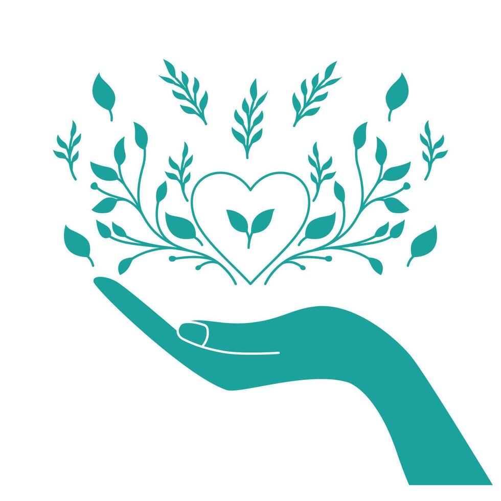 Open Hand with Love Heart and Floral Decoration as Nature Care Peace Symbol vector