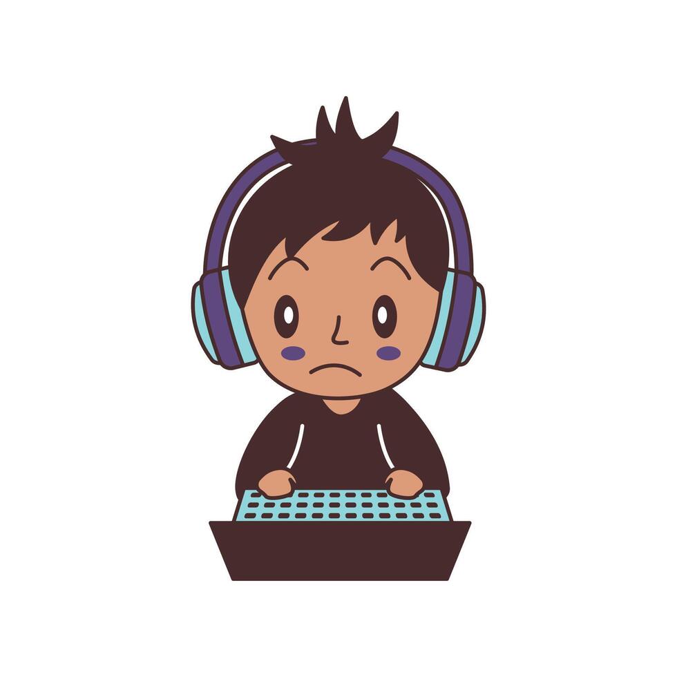 Cute Gamer Boy Kid Character Wearing Headset Playing Game with Laptop with Sad Expression vector