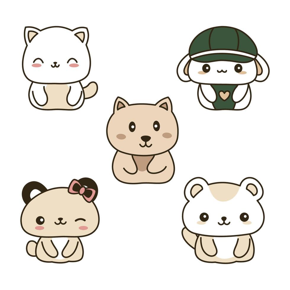 Set of Cheerful Cute Cat Kitten Dog Puppy Bear Rabbit Animal Mascot Cartoon Character vector