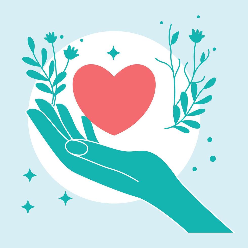 Open Hand with Love Heart and Floral Decoration as Nature Care Guard Peace Symbol vector