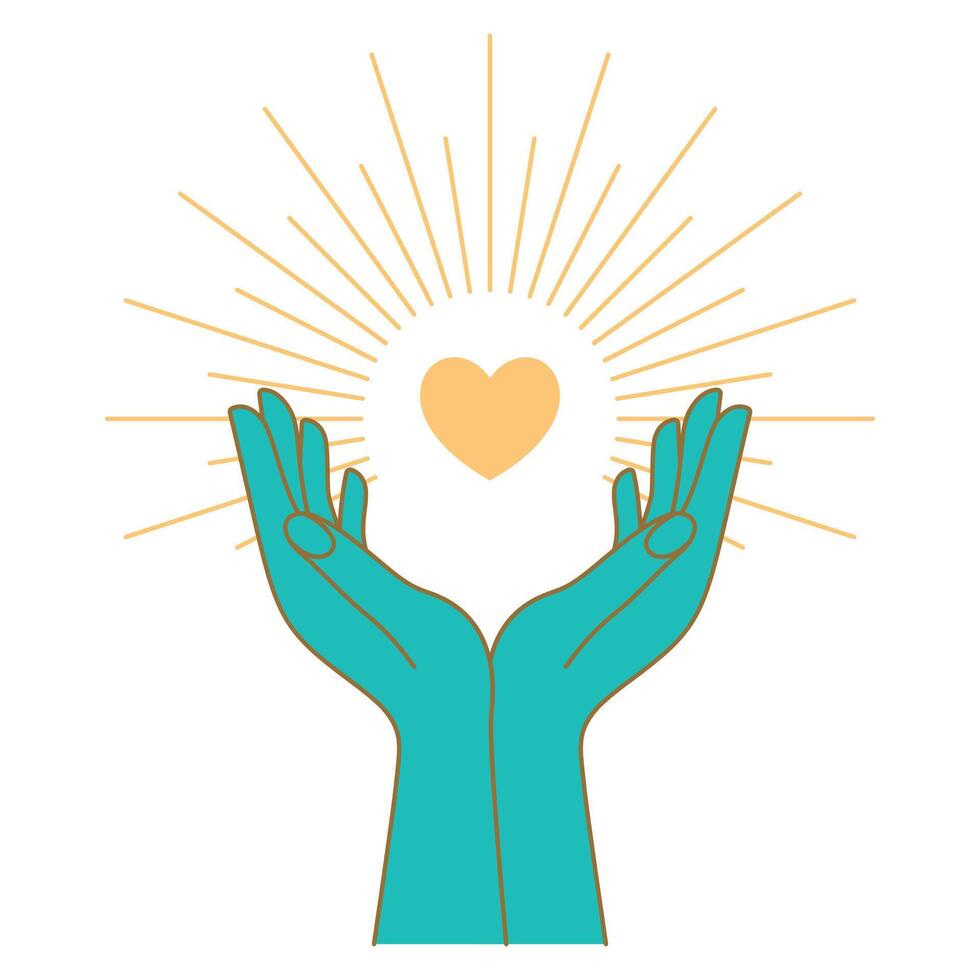 Open Hands with Love Heart and Sun Sunburst as Peace Symbol vector