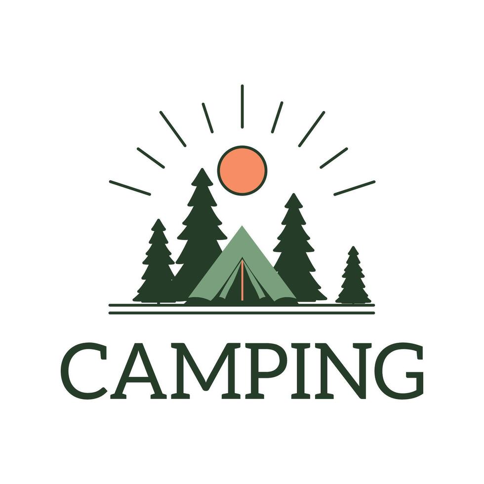 Logo Design of Camp Camping Adventure in Forest with Pine Trees in Sunny Day vector