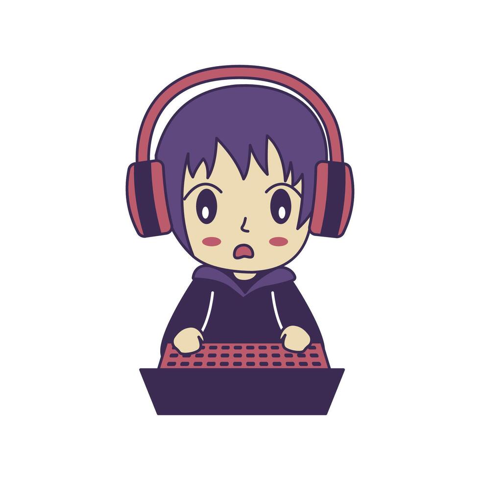 Cute Gamer Boy Kid Character Wearing Headset Playing Game with Laptop with Shocked Expression vector