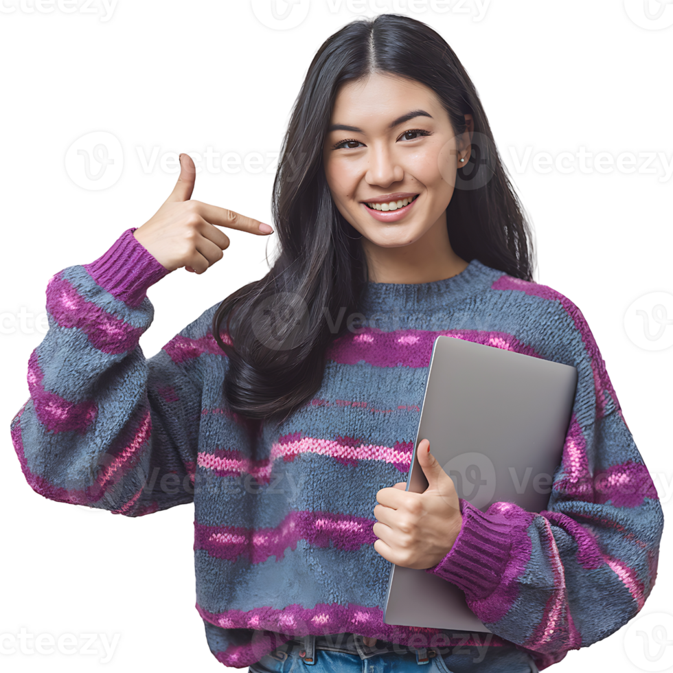 Smiling Young Woman in a Purple and Grey Sweater Holding a Laptop, Pointing at Herself with a Happy Expression isolated on transparent background png