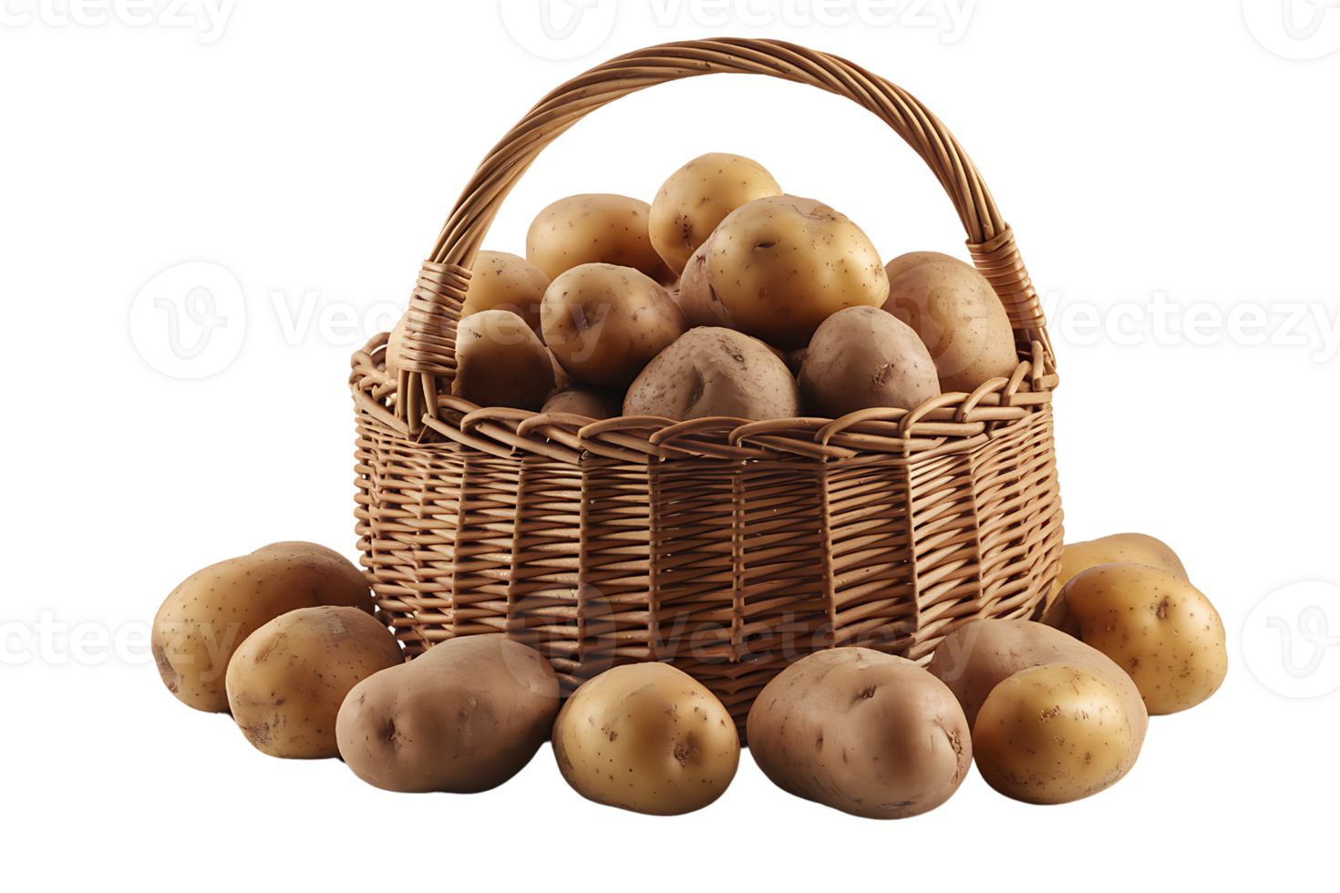 A wicker basket overflowing with freshly harvested potatoes isolated on transparent background png