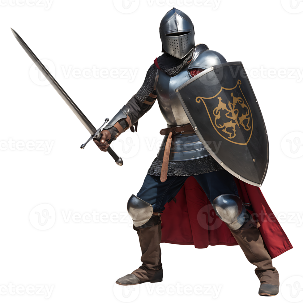 Medieval Knight in Full Armor, Sword and Shield isolated on transparent background png