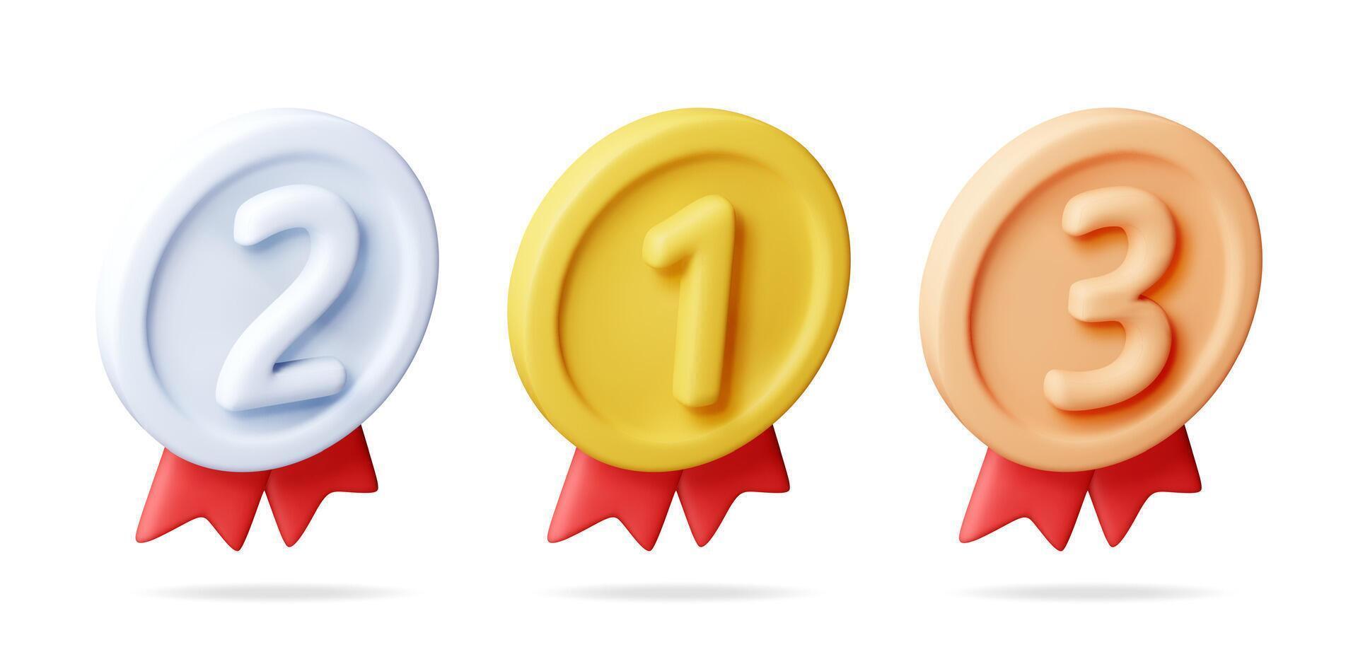 3d set of medals with red ribbons. Render gold, silver, bronze champion medal. Winners medallion. First, second, third place, achievement vector
