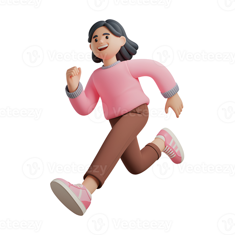 Joyful 3D Render of a Running Woman isolated on transparent background png