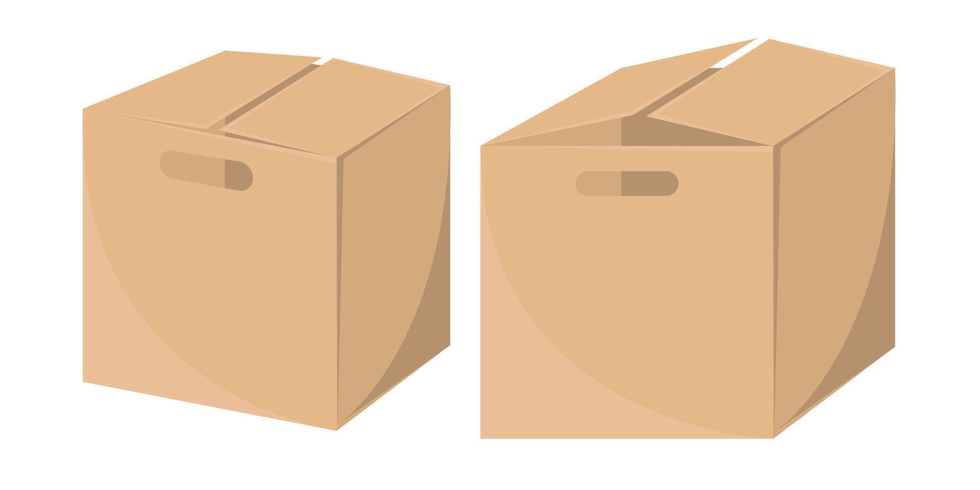 Front and side view realistic illustrations of cardboard boxes for delivery, designed as decent craft packages. vector