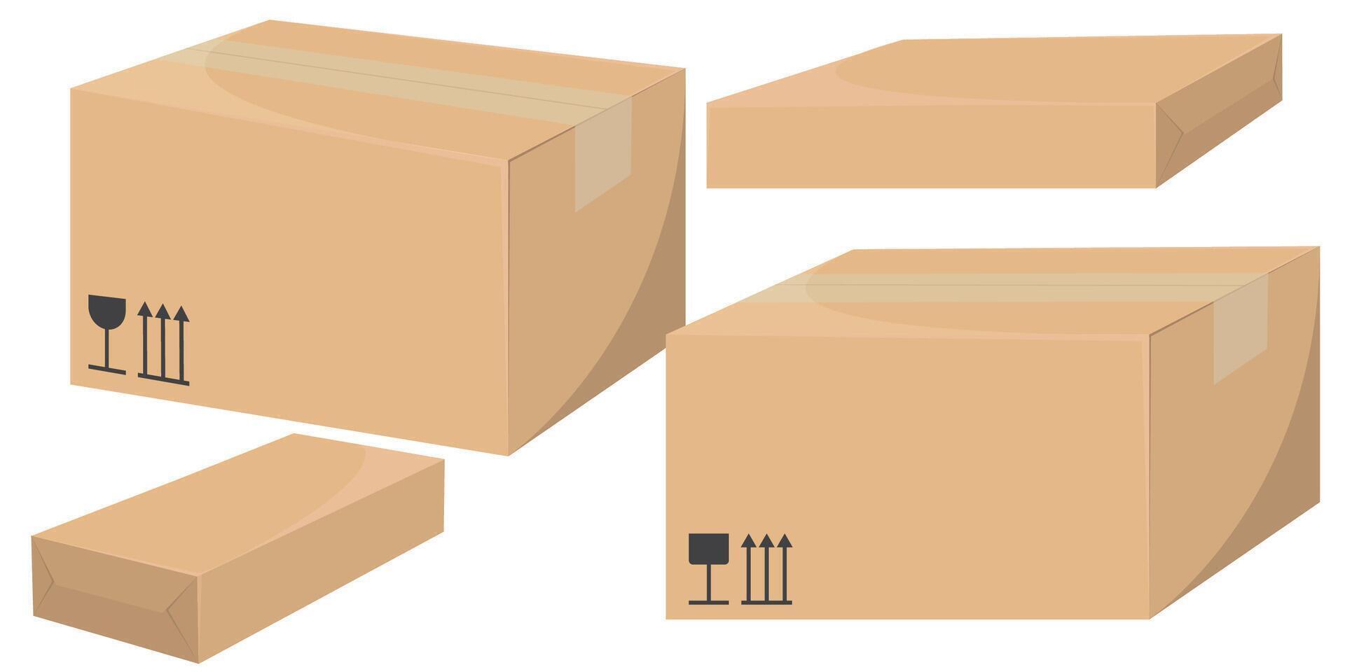 Realistic and detailed illustrations of cardboard delivery boxes, with front and side views of craft-style packaging. vector