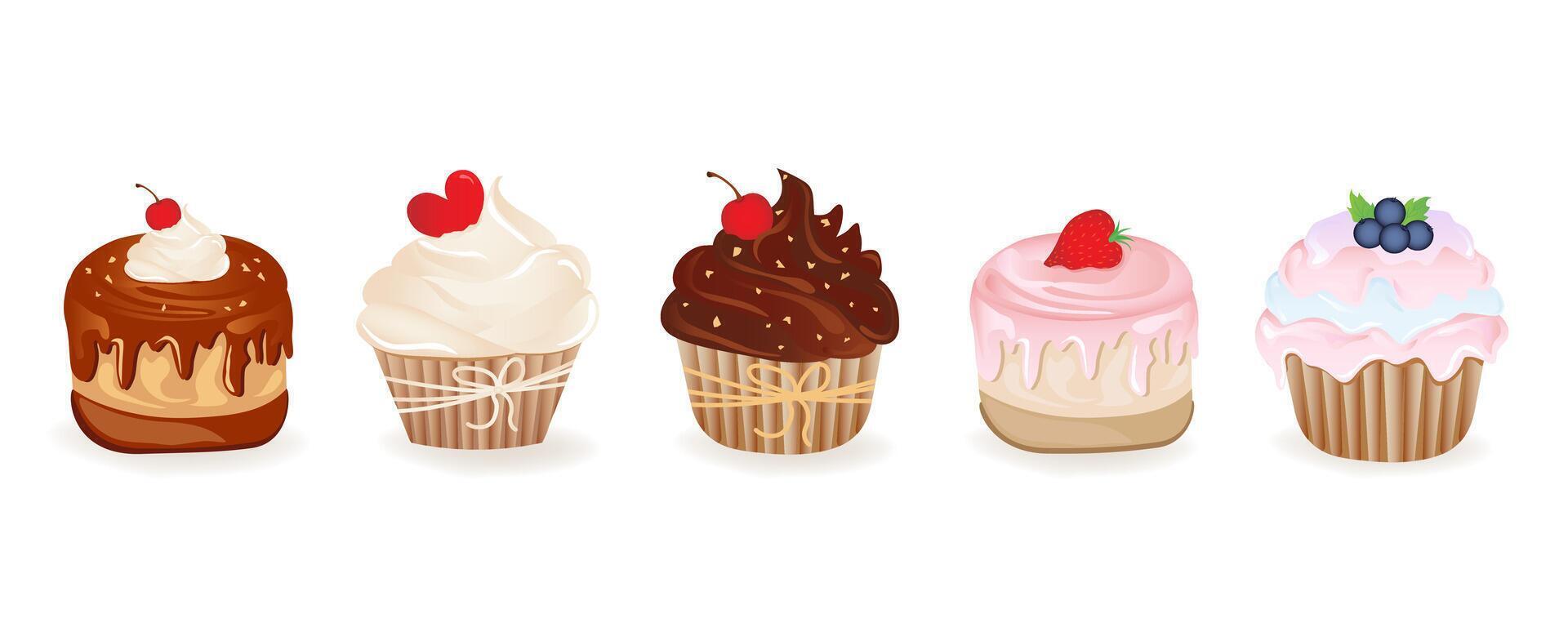 Set delicious cupcakes with whipped cream and berries. cartoon illustration of sweet food. vector