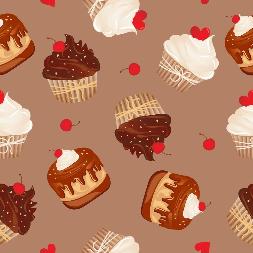 Seamless pattern for kitchen decor and more. Delicious cupcake with whipped cream and cherry. cartoon illustration of sweet food. vector