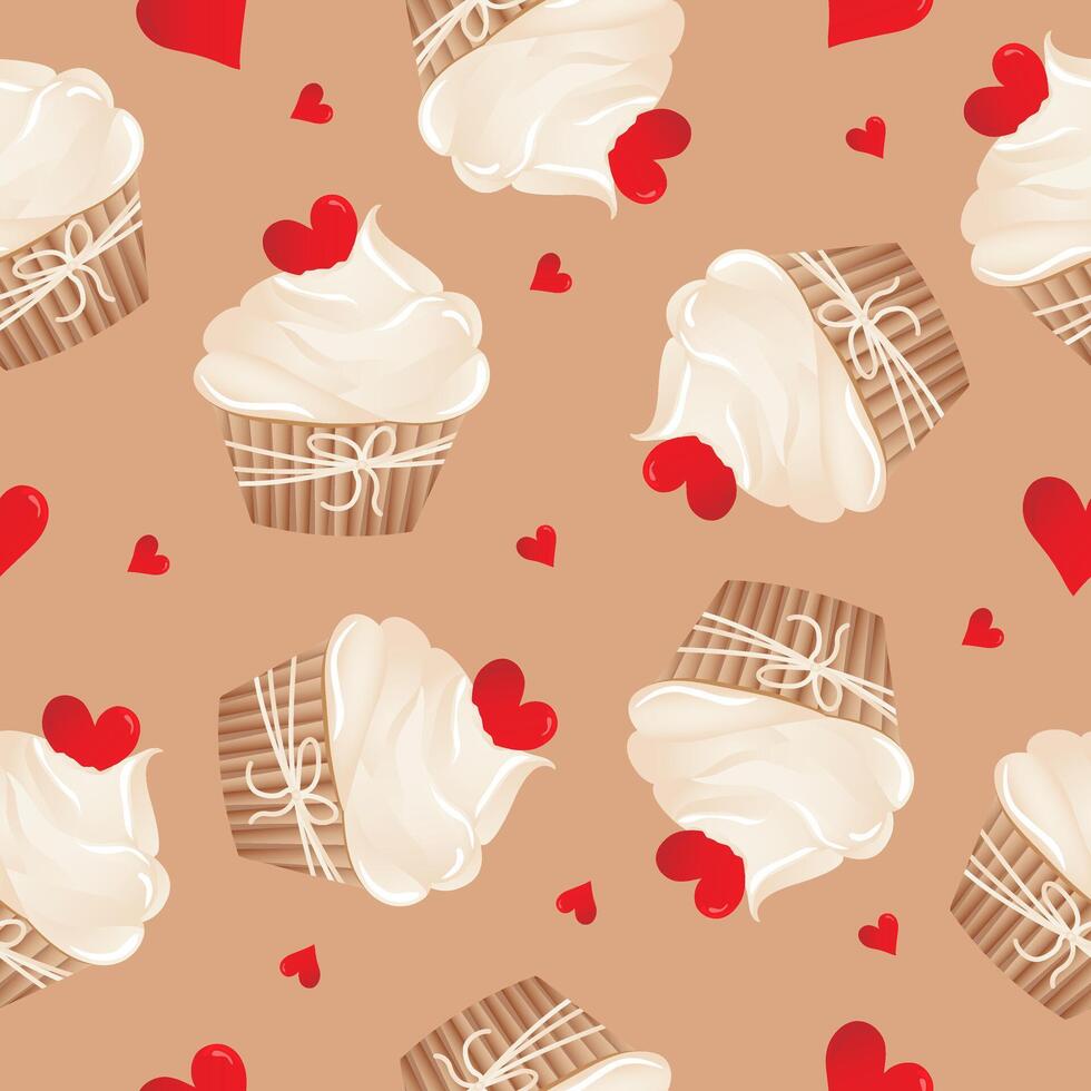 Seamless pattern for kitchen decor and more. Delicious cupcake with whipped cream and caramel heart. cartoon illustration of sweet food. vector