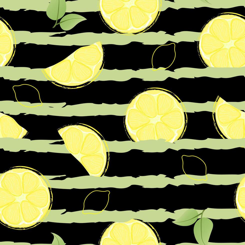 Seamless pattern with hand drawn lemon slice on striped background. Fresh organic fruit, healthy, vegan, raw food. vector