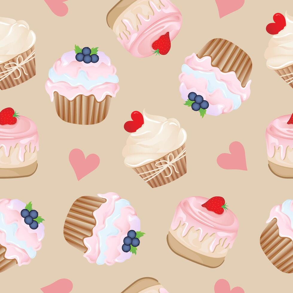 Seamless pattern for kitchen decor and more. Delicious cupcake with whipped cream and blueberry, strawberry, heart. cartoon illustration of sweet food. vector