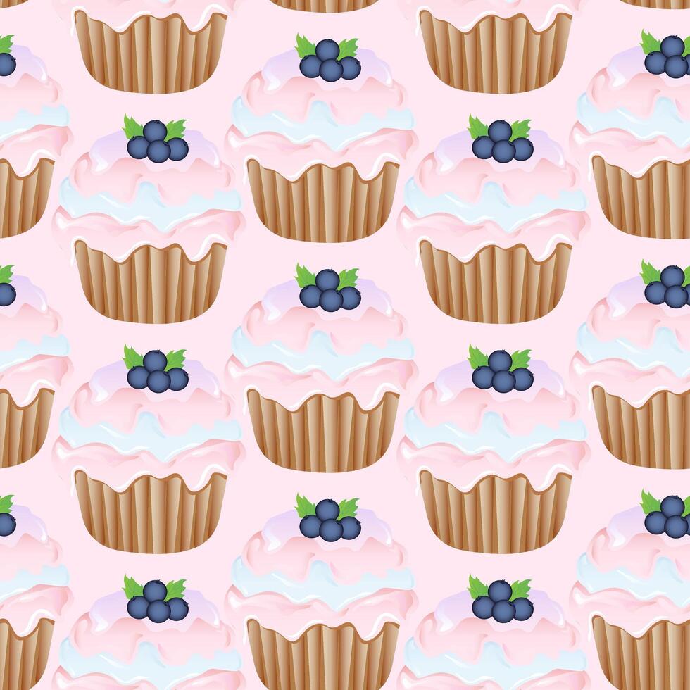 Seamless pattern for kitchen decor and more. Delicious cupcake with whipped cream and blueberry. cartoon illustration of sweet food. vector