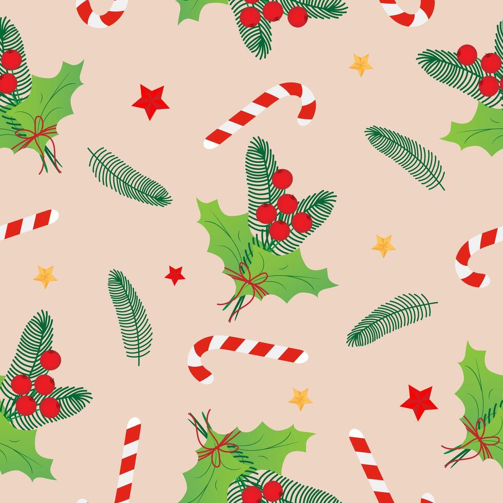 Seamless pattern with red christmas stars, caramel cane, Christmas star, holly on blue background. Design for fashion, fabric, textile, packaging paper. vector
