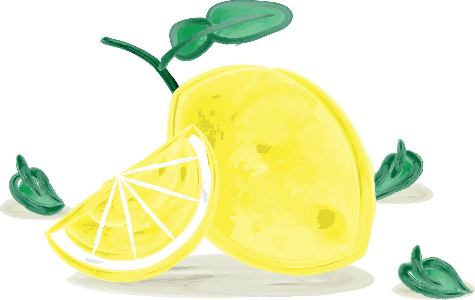 Hand Drawing Watercolor Illustration of One Whole Lemon and One Lemon Slice Side by Side. vector